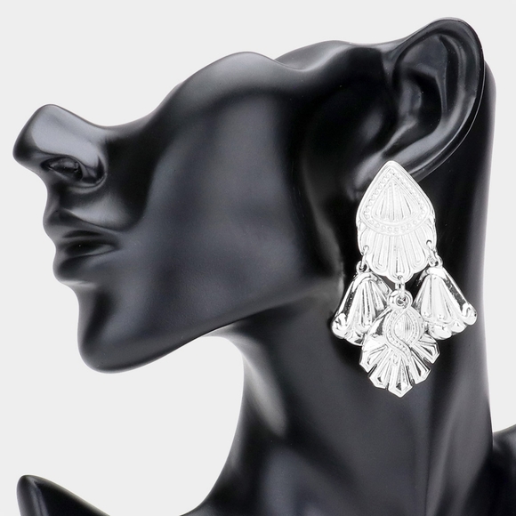 Silver Dangle Earrings 2.5" Abstract Metal Drop Statement Jewelry - Picture 1 of 2